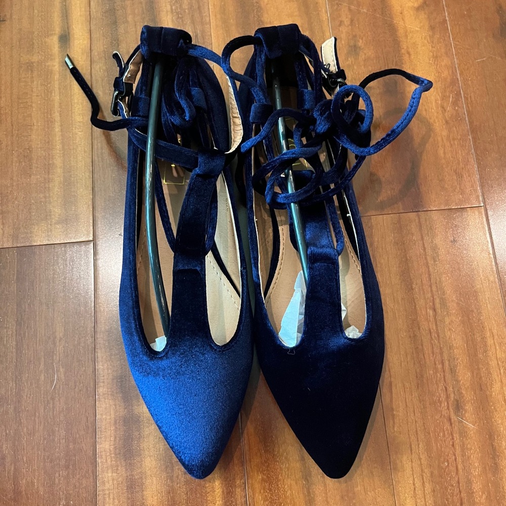 Navy Velvet Ballet Flat Lace Up Pointed Toe Strappy T Yoki Urban-80 New Size 7